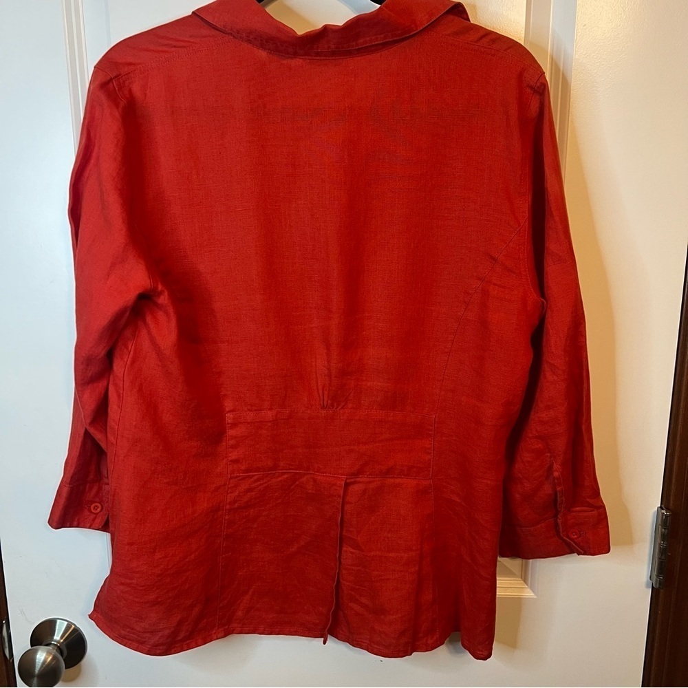 Edward Red 100% Linen Button Up Shirt Sz L 3/4 Sleeve Back Slit Jacket Blouse‌ - Picture 2 of 6